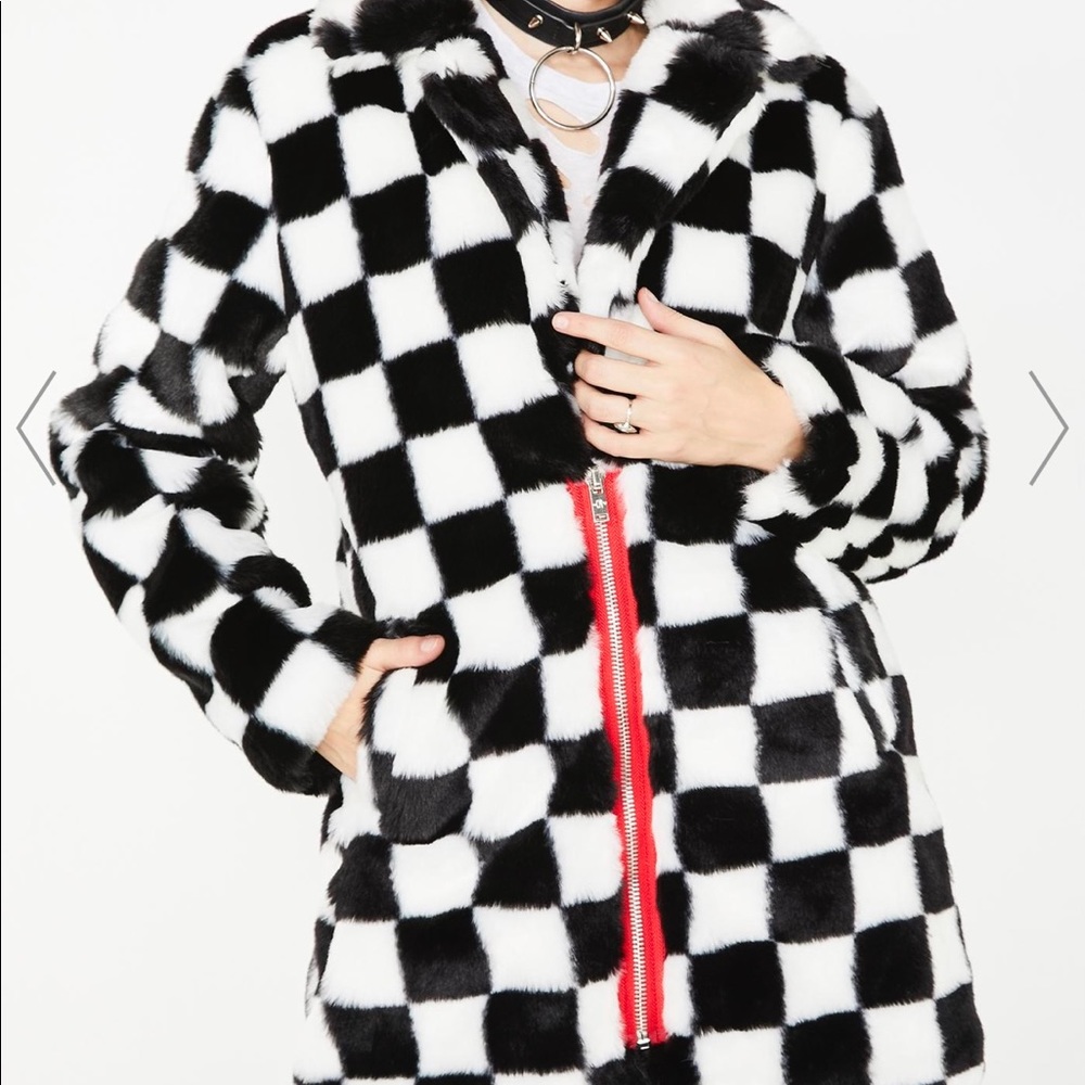 MAD YOUTH CHECKERED FAUX FUR COAT